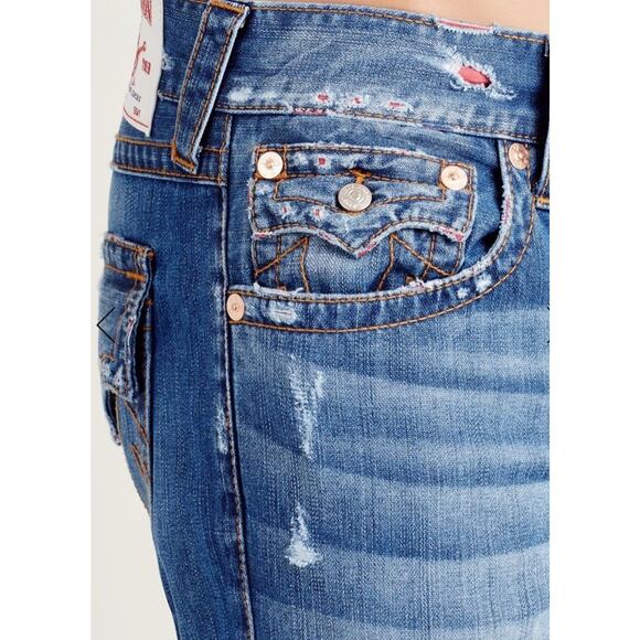 True Religion Skinny Flap Orange Stitch Jeans Mens 33 X 33 Red Distressed Thrash - Picture 5 of 16